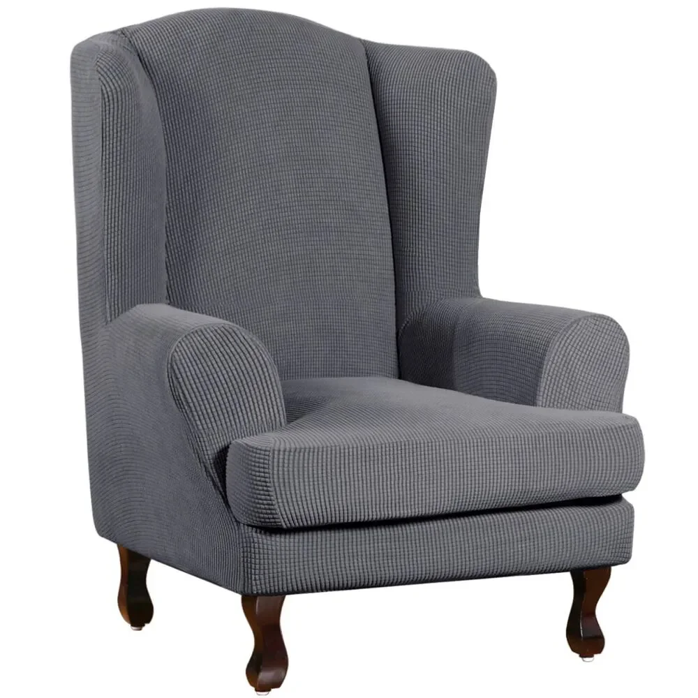 Wingback Chair Covers 2 Piece Wing Chair Slipcover Jacquard Fabric Charcoal Gray